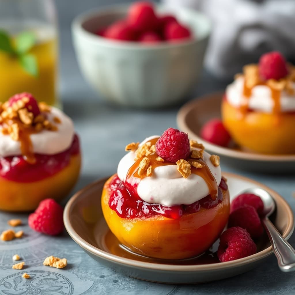 Bakte epler med bringebærkrem og toffee