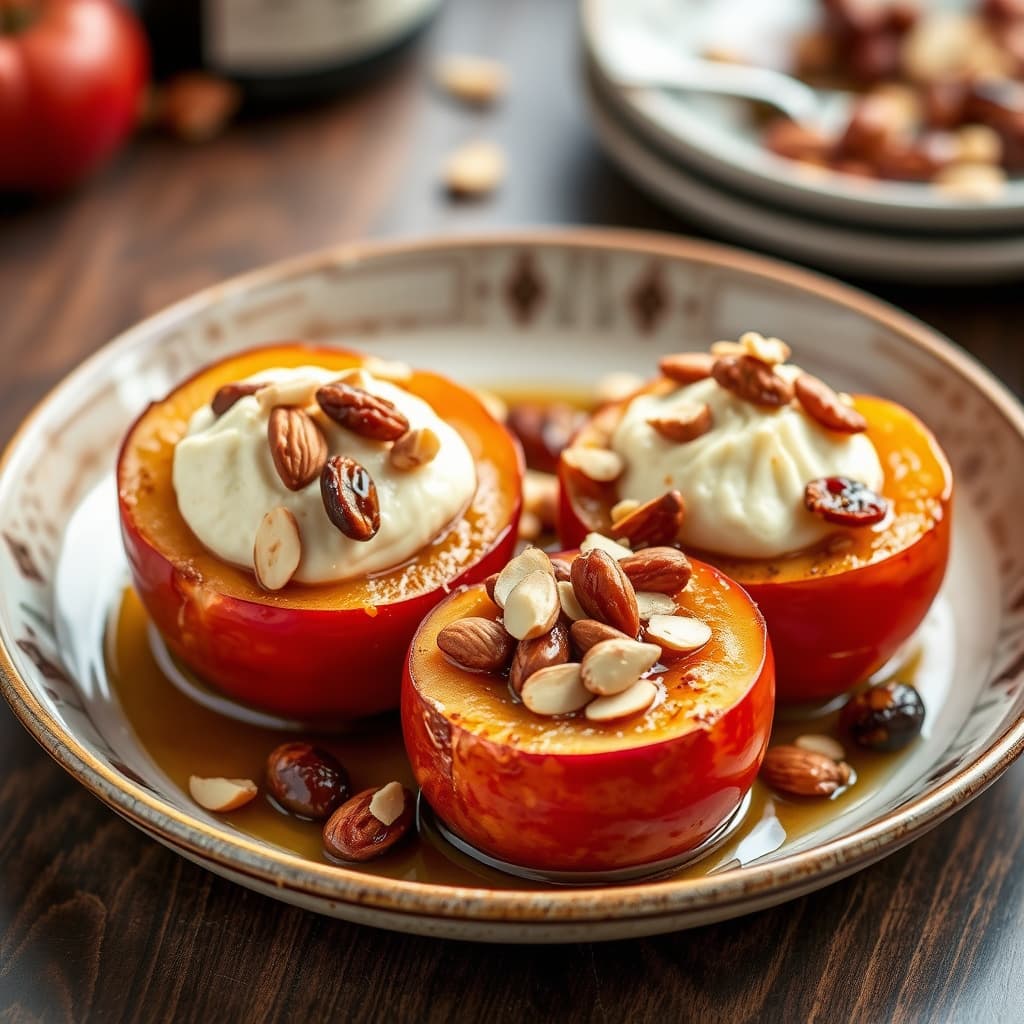 Bakte epler med dadler, mandler og rom