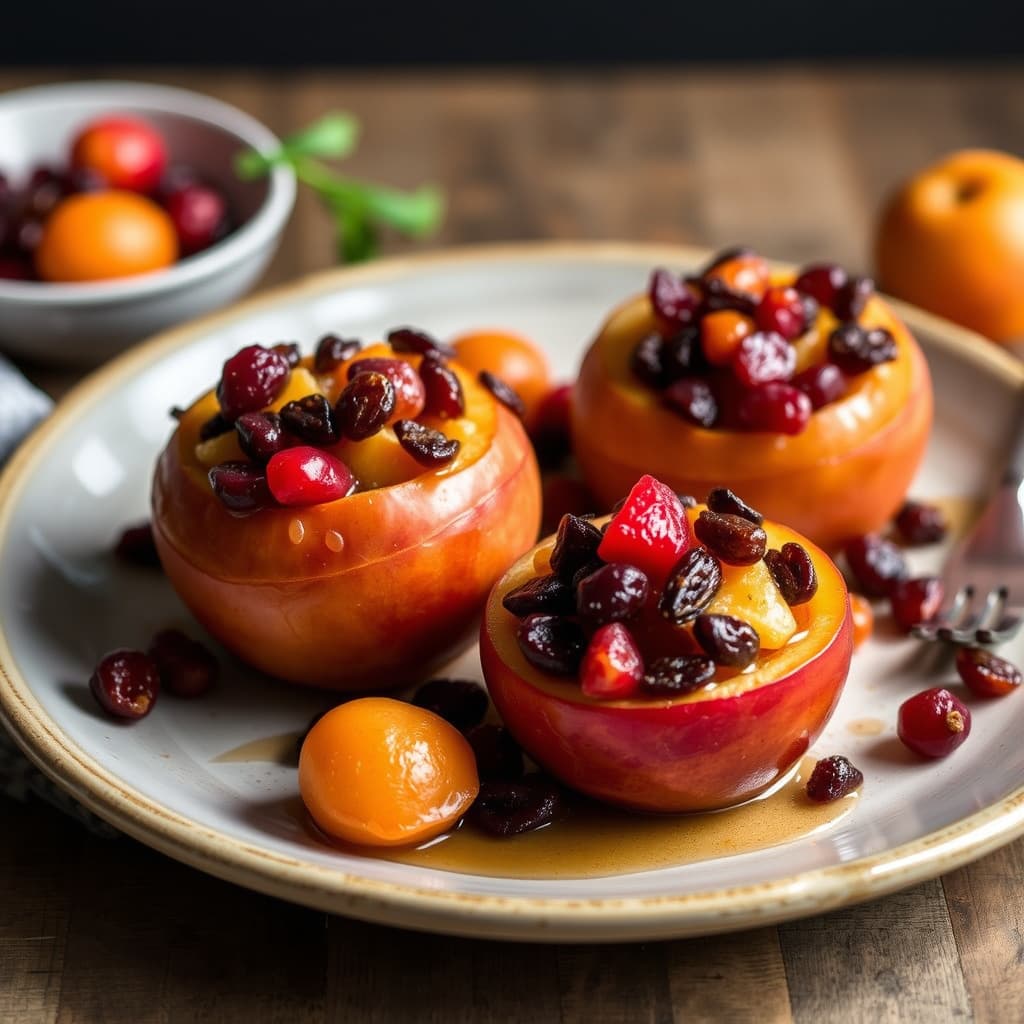 Bakte epler med tranebær, rosiner og aprikoser