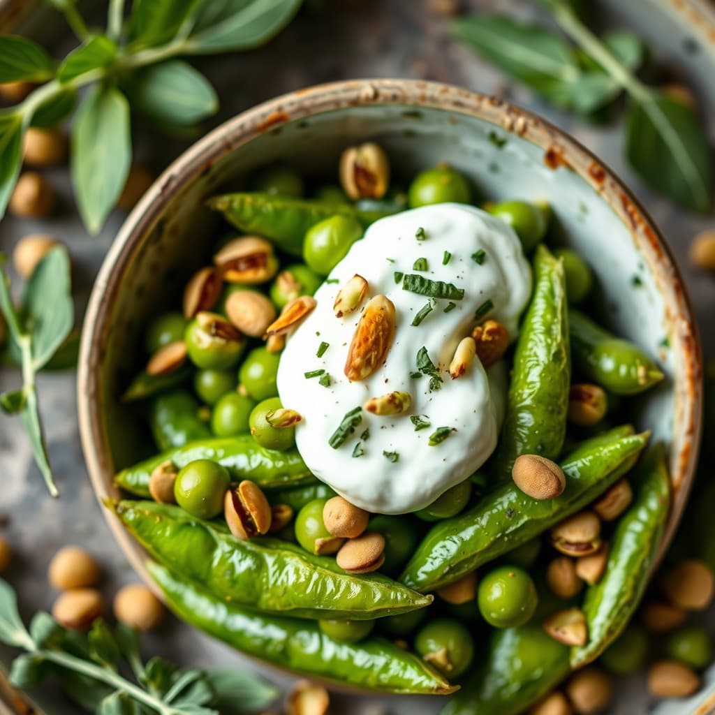 Bakte erter med estragon, yoghurt og pistasjnøtter