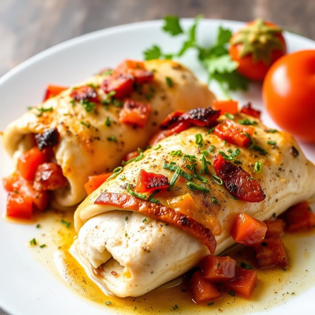 Bakte flyndreruller med tomat, paprika og bacon