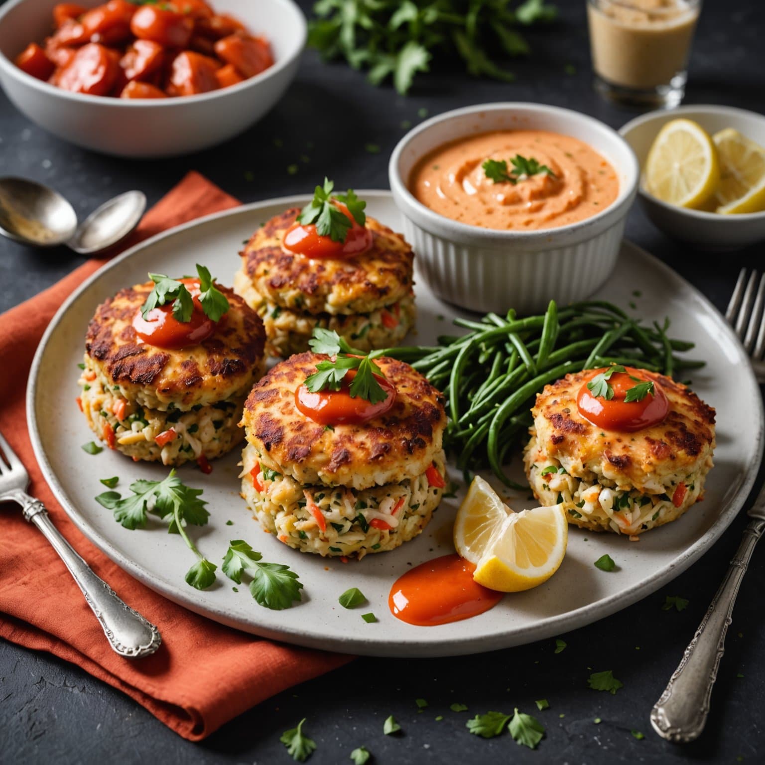 Bakte krabbekaker med rød peppersaus (remoulade)