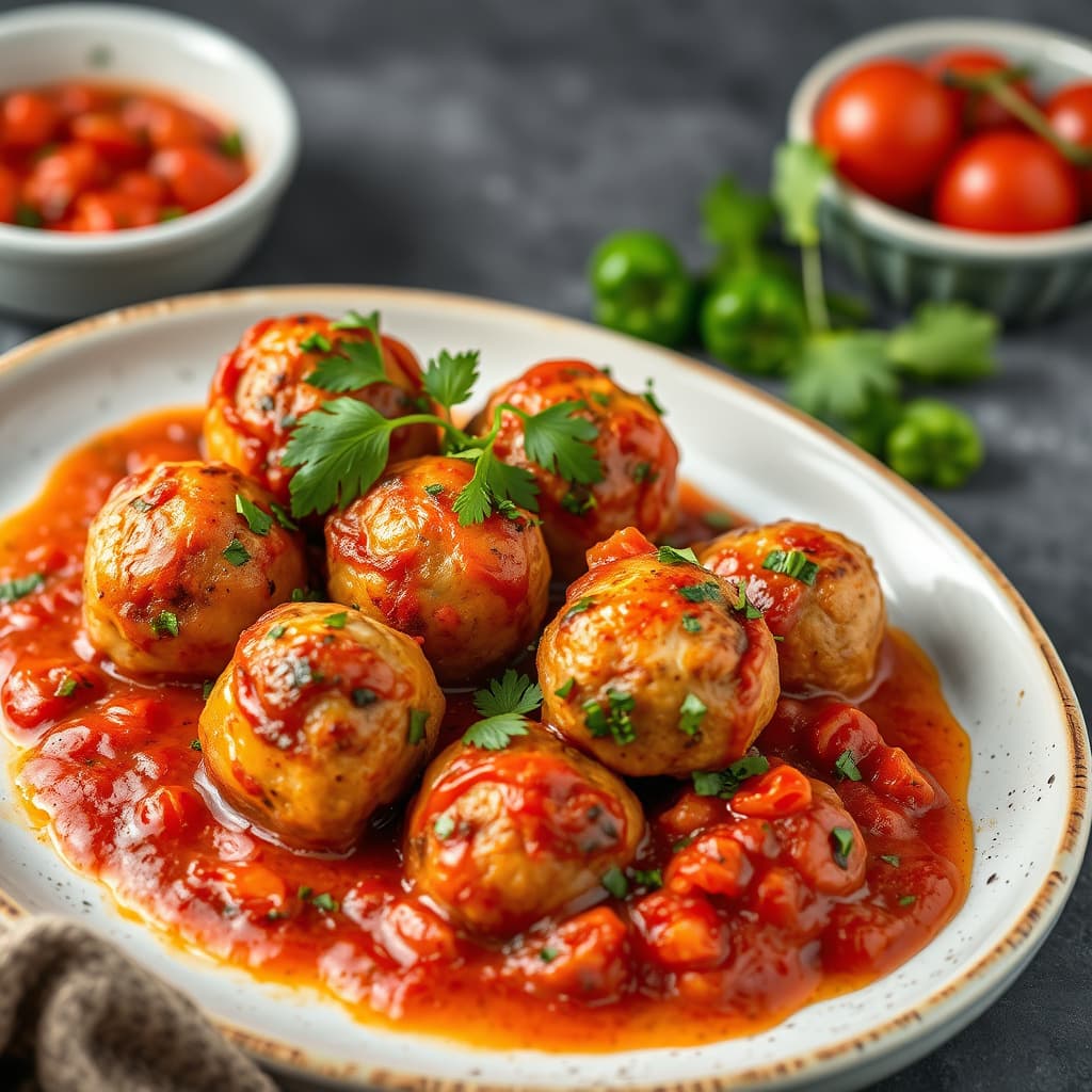 Bakte kyllingkjøttboller med peperonata