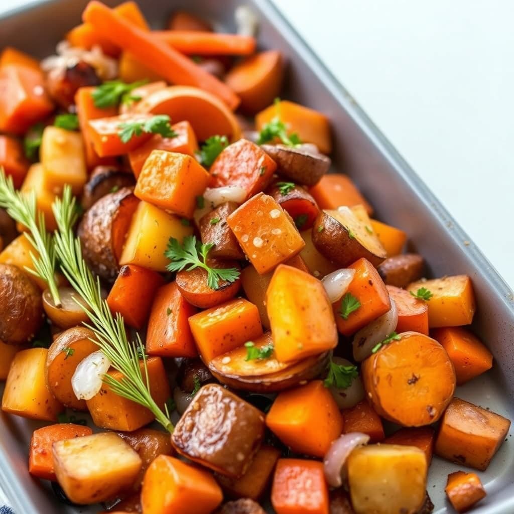 Bakte poteter med gulrøtter, søtpoteter og løk