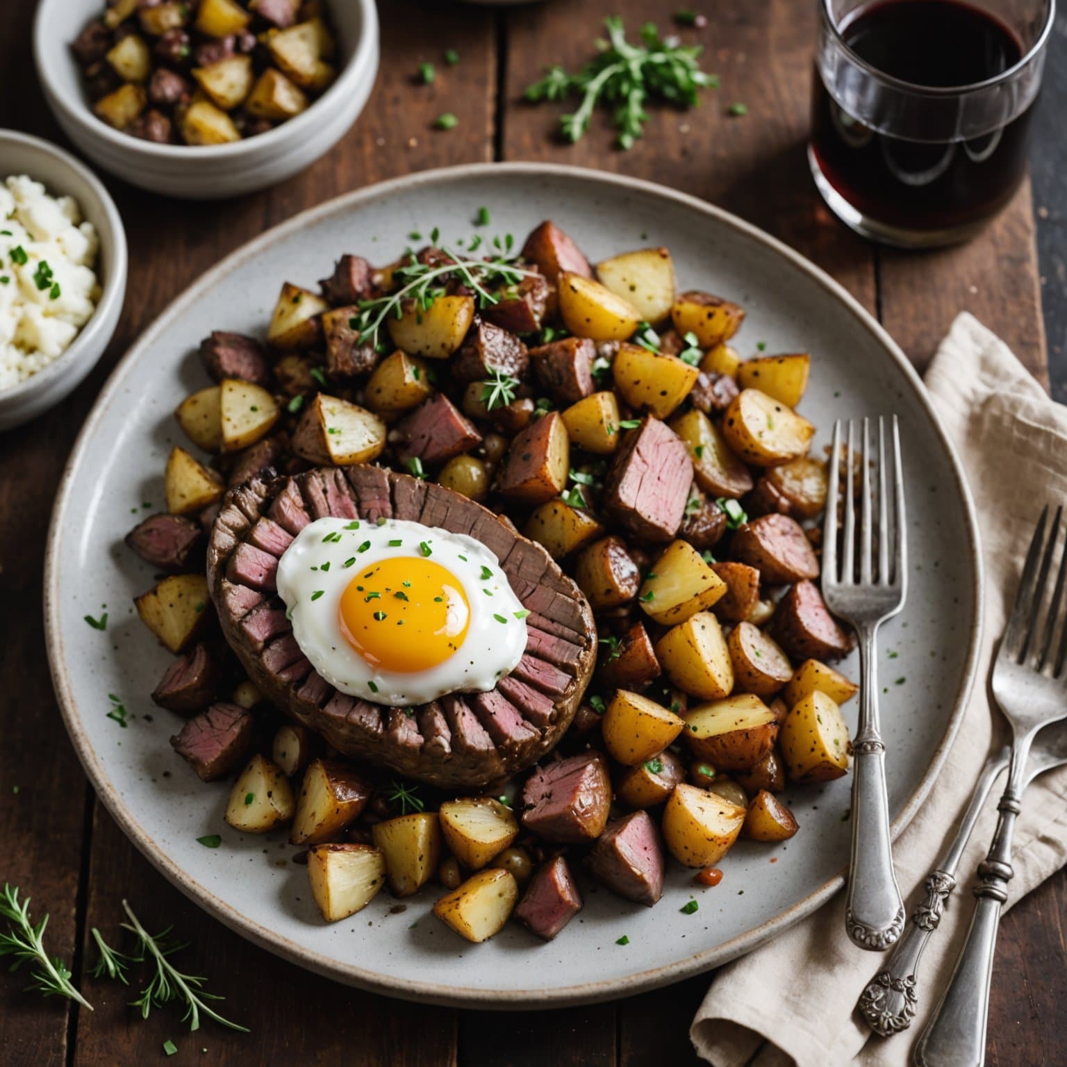 Bakte poteter med hash av ribeye-steak