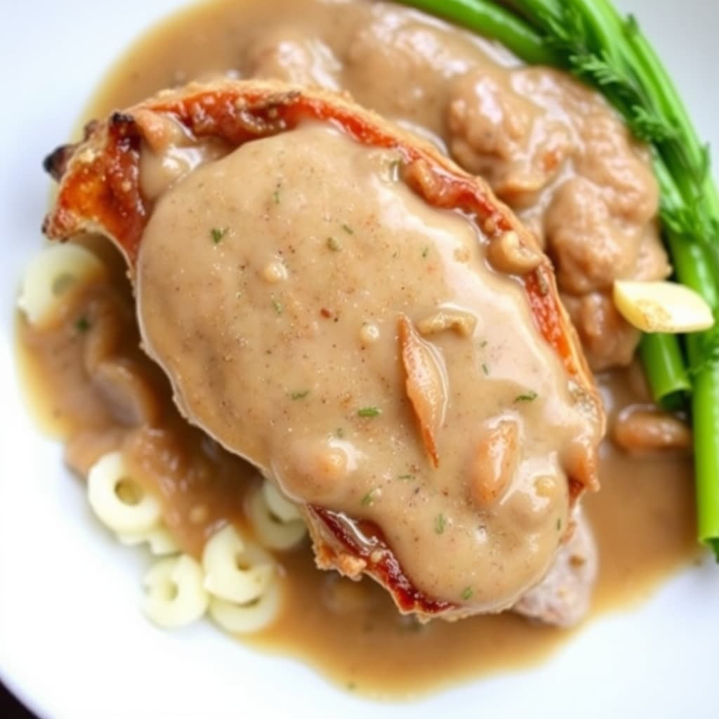 Bakte svinekoteletter med løk- og ingefærkjøttsaus