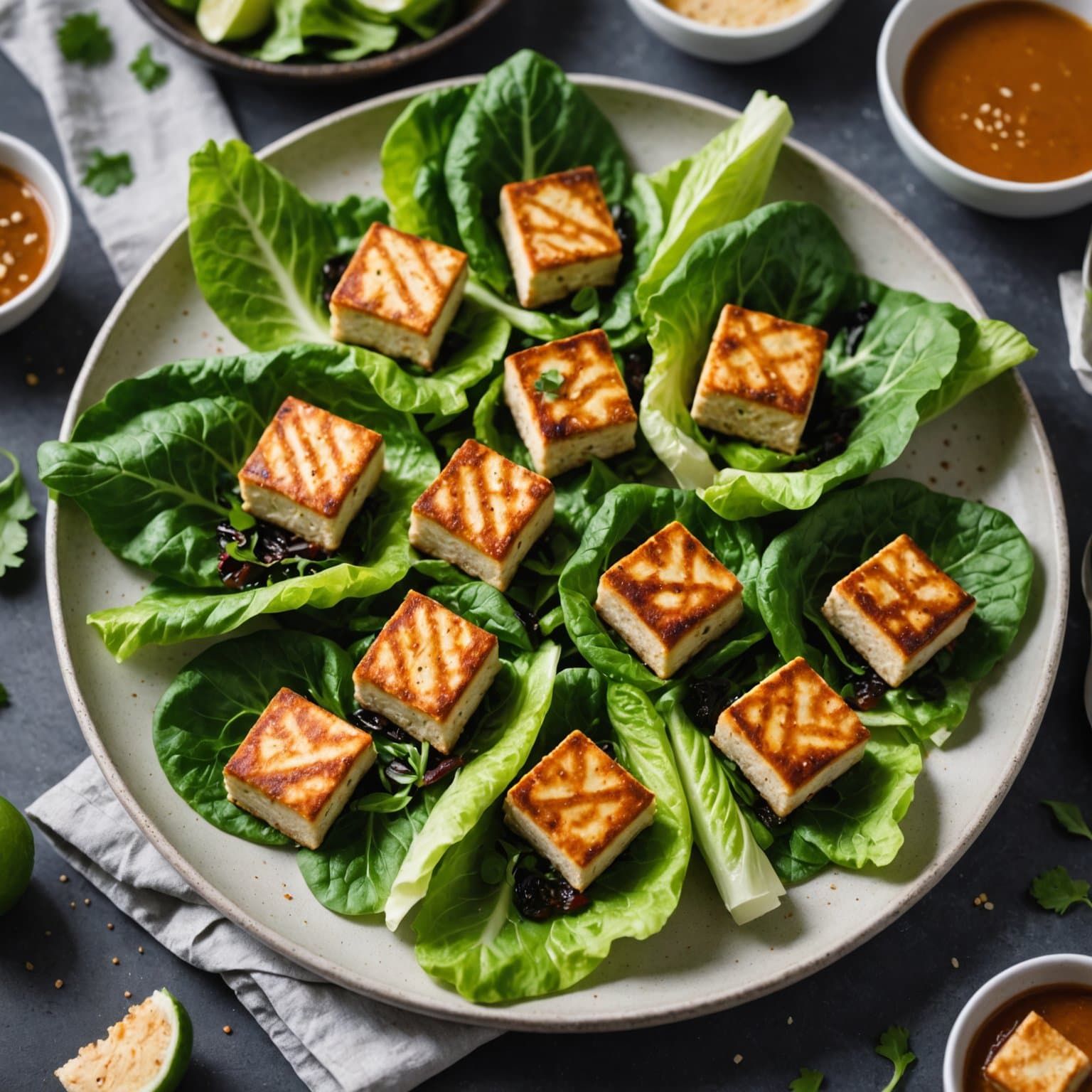 Bakte tofubiter på en seng av grønn romanosalat