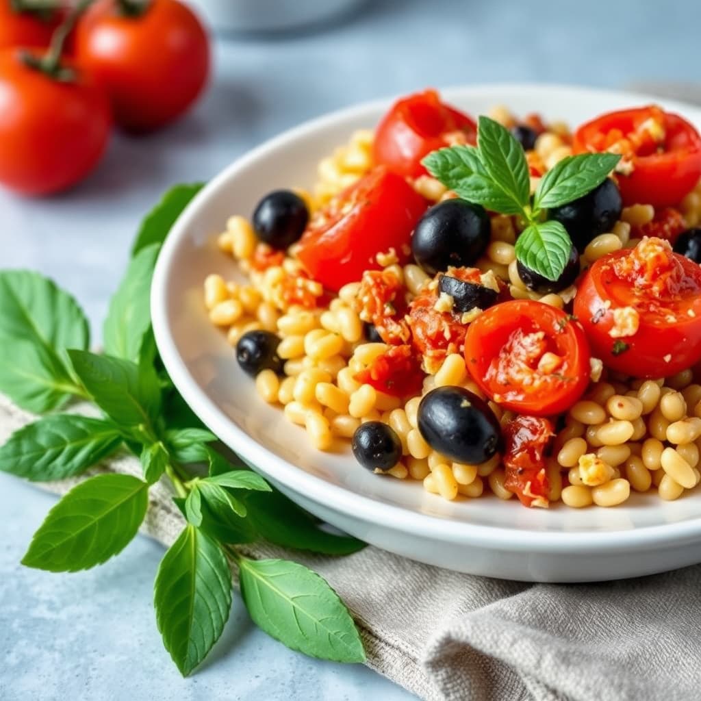 Bakte tomater med orzo og oliven