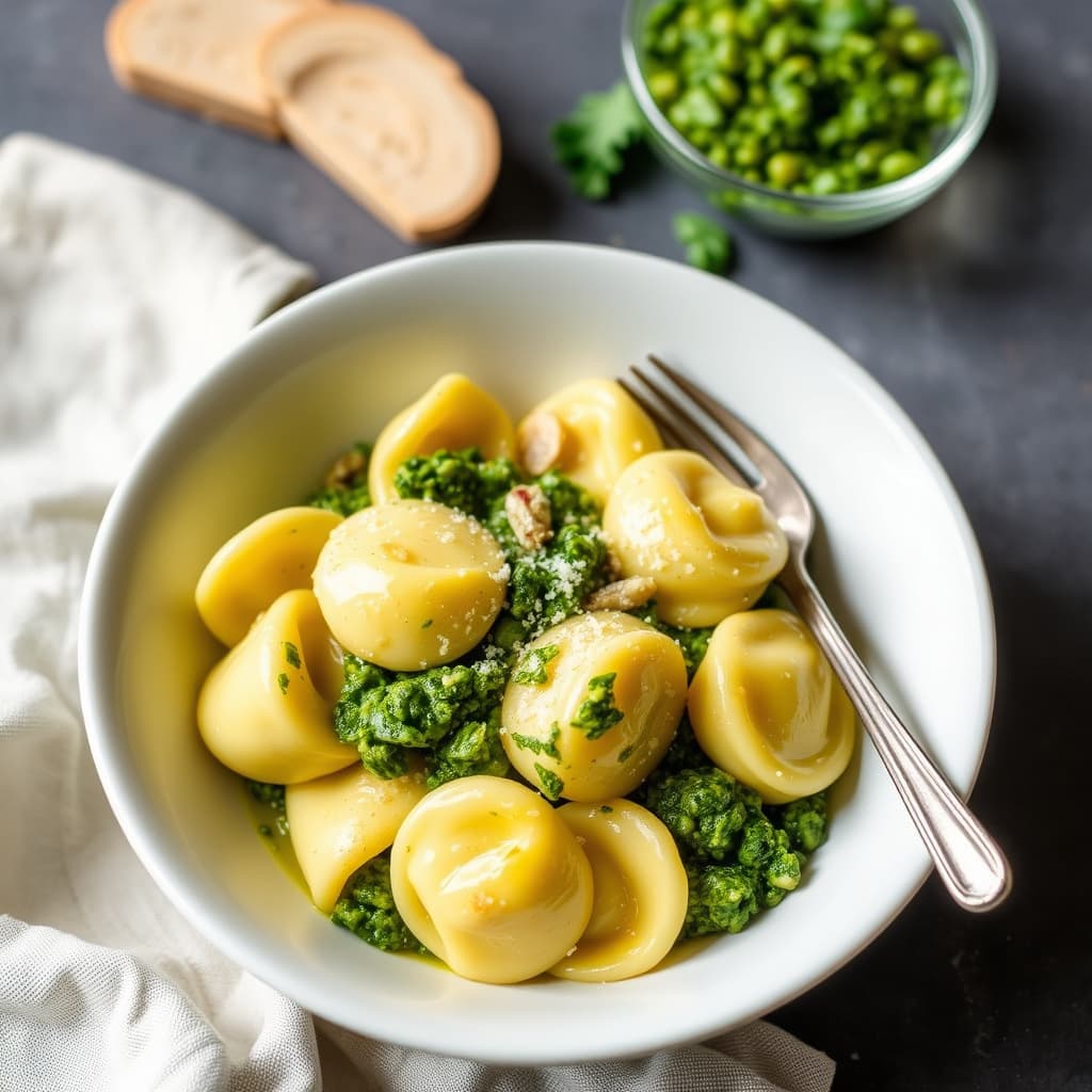 Bakte tortellini med grønnkålspesto