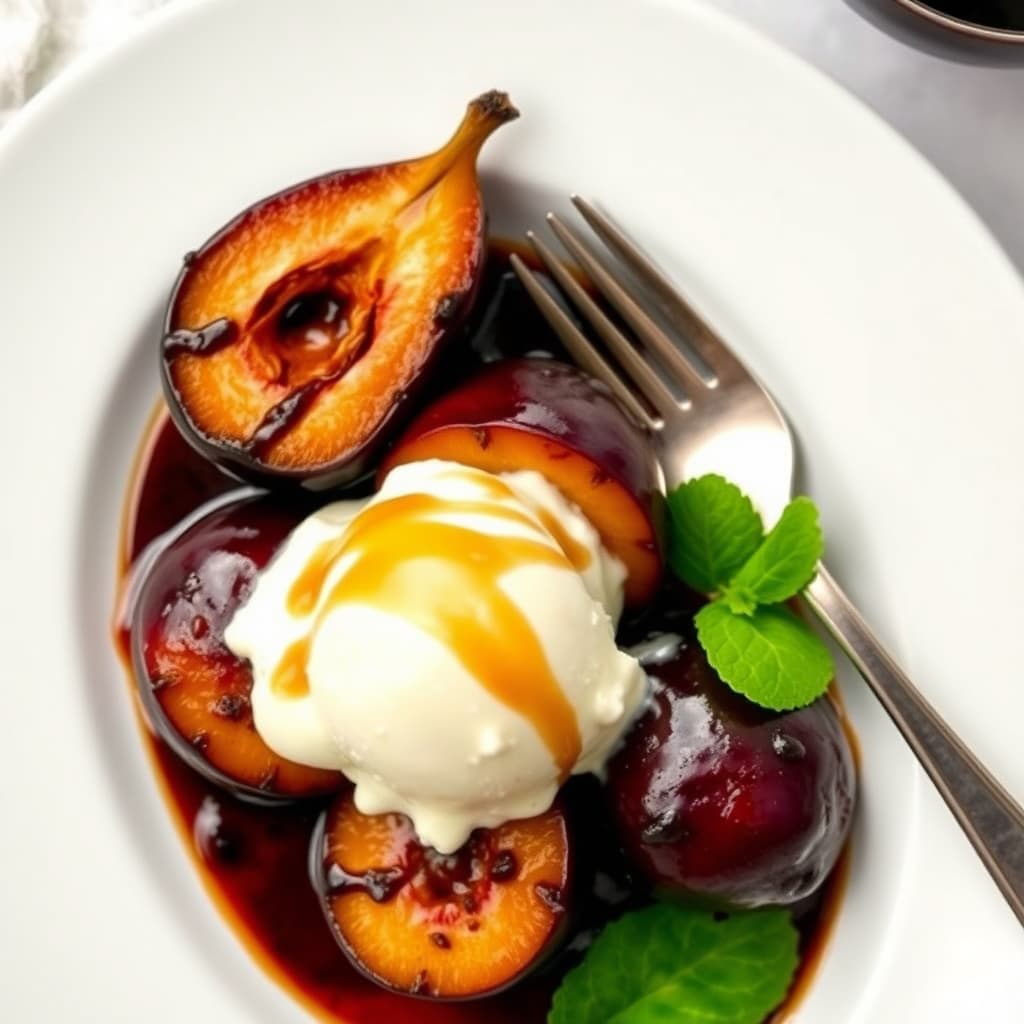 Balsamico-glaserte grillede plommer med vaniljeis