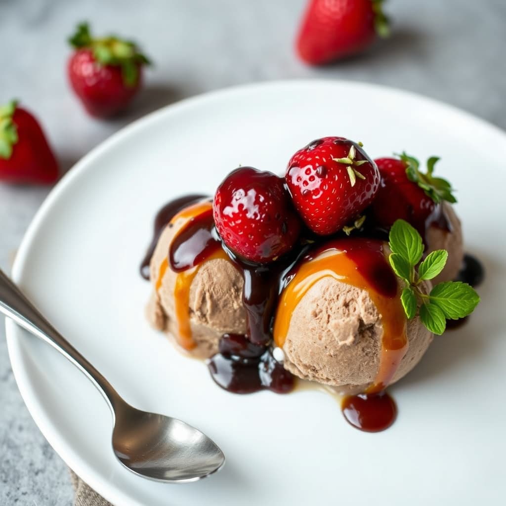 Balsamico-marinerte jordbær med pepper over sjokolade- og karamelliskrem