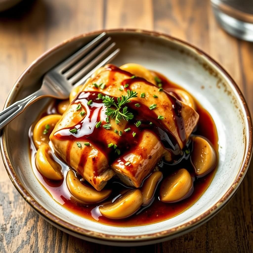 Balsamico-pochert kalv med ovnsbakt hvitløksaus