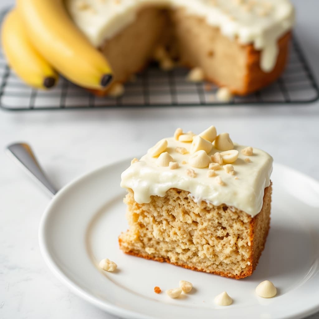 Banan kake med hvit sjokolade- og macadamia-frosting