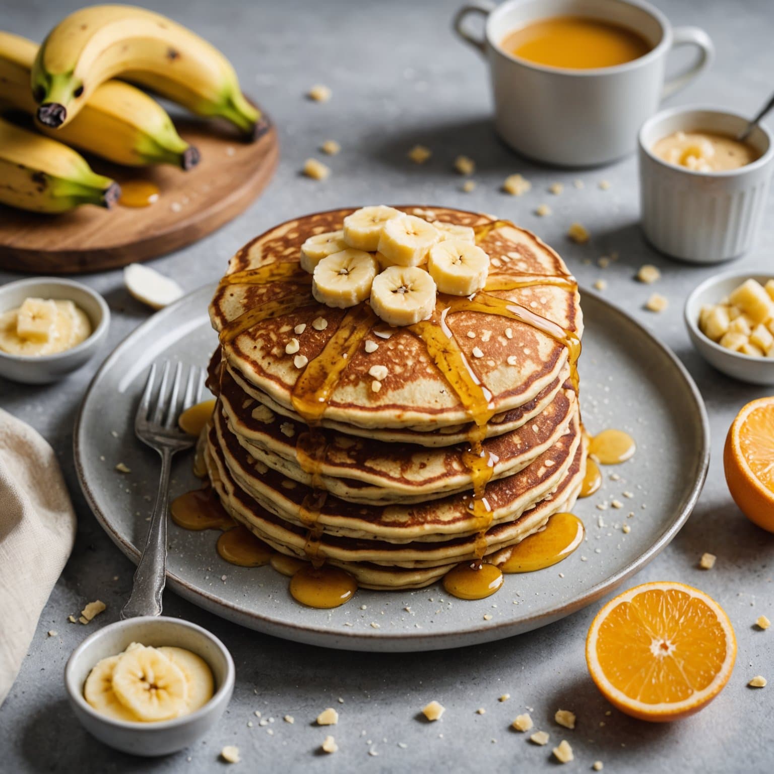 Banan- og makadamianøttpannekaker med appelsin-smør