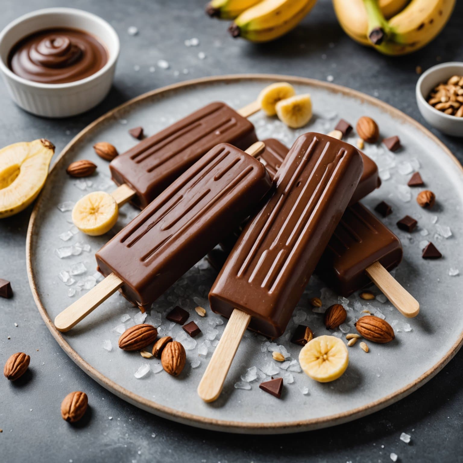 Banan- og nøtte- sjokoladeis-pinner