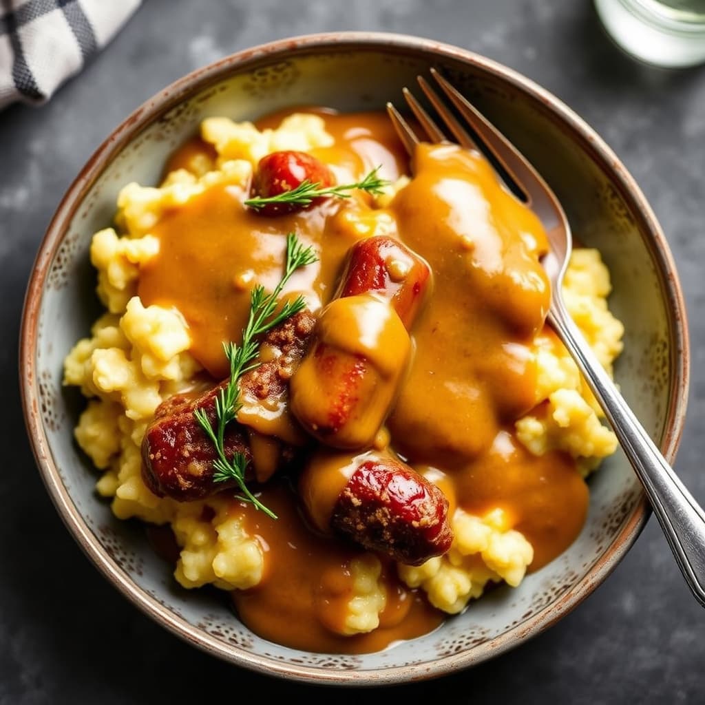 Bangers og potetmos med sennepssaus