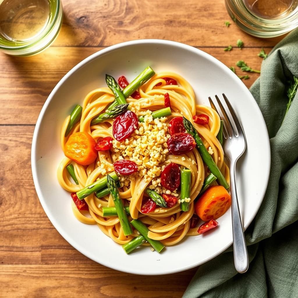 Barilla fullkornpenne med asparges, butternut squash og ovntørkede tomater