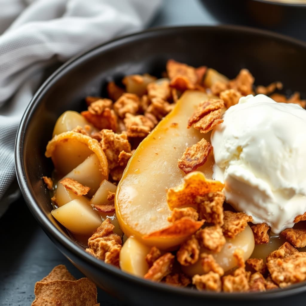 Bartlett-pærekrem med kanel-tortillachips og vaniljeis