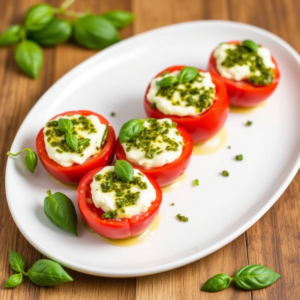 Basilikum- og kremostfylte tomater med pesto