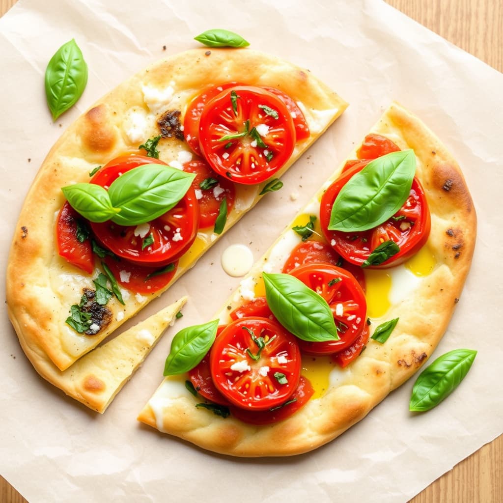 Basilikumflatbrød med ovnsbakte tomater og basilikumolje
