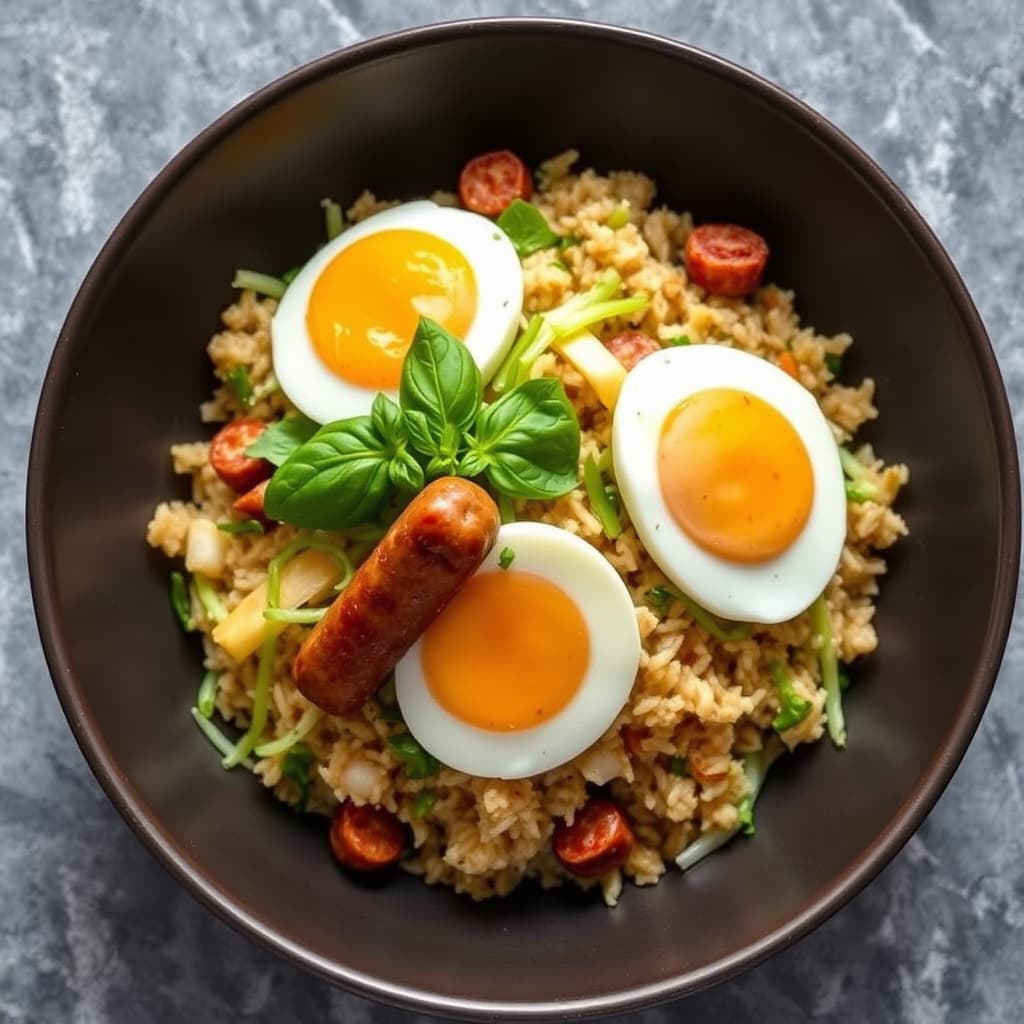 Basilikumfritert ris med vaktelegg, grønn papayasalat og thailandsk pølse