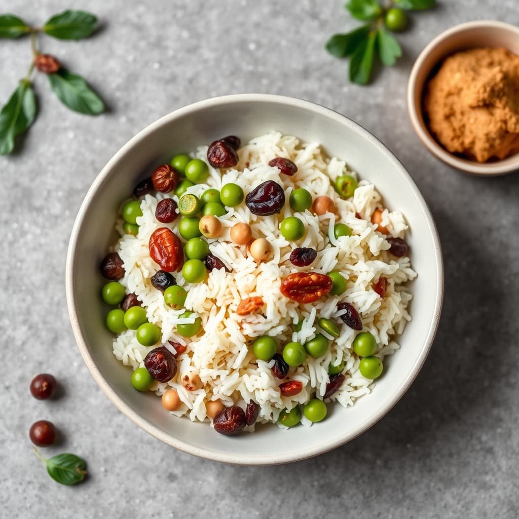 Basmati-ris med rosiner, nøtter og erter