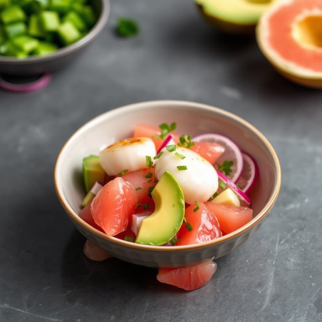 Bay Scallop og grapefriste ceviche med avocado og reddik