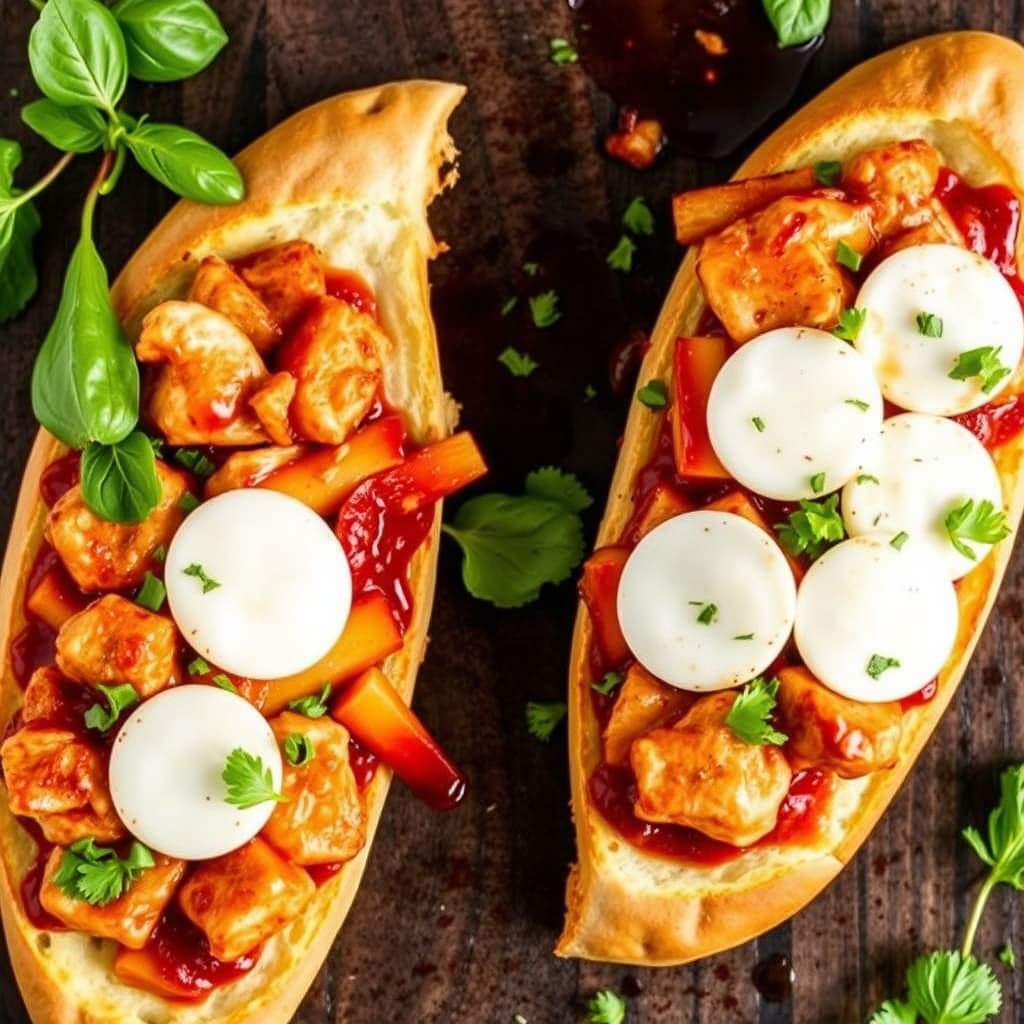 BBQ kylling franske brød-pizzaer med røkt mozzarella