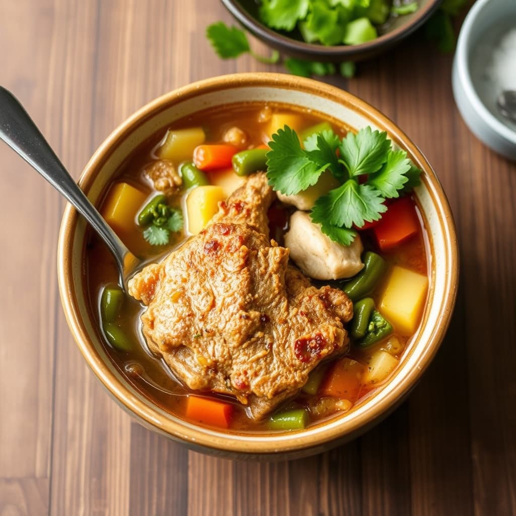 Bestemor Neelys stekte svinekotelett- og grønnsakssuppe