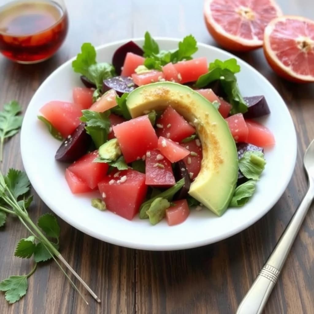 Bete-, avokado- og rosa grapefrukt-salat med sherrydressing