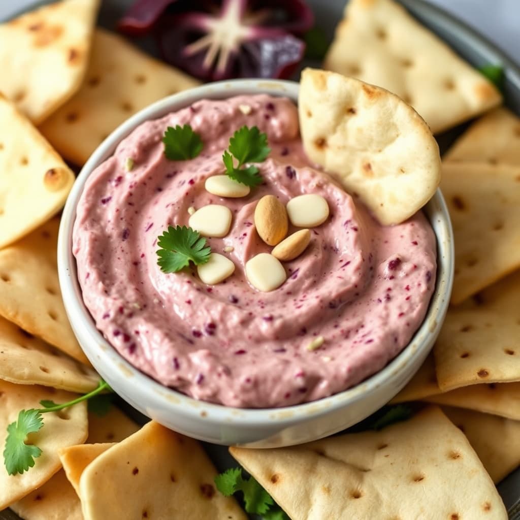 Bete-, kikerte- og mandeldip med pitachips