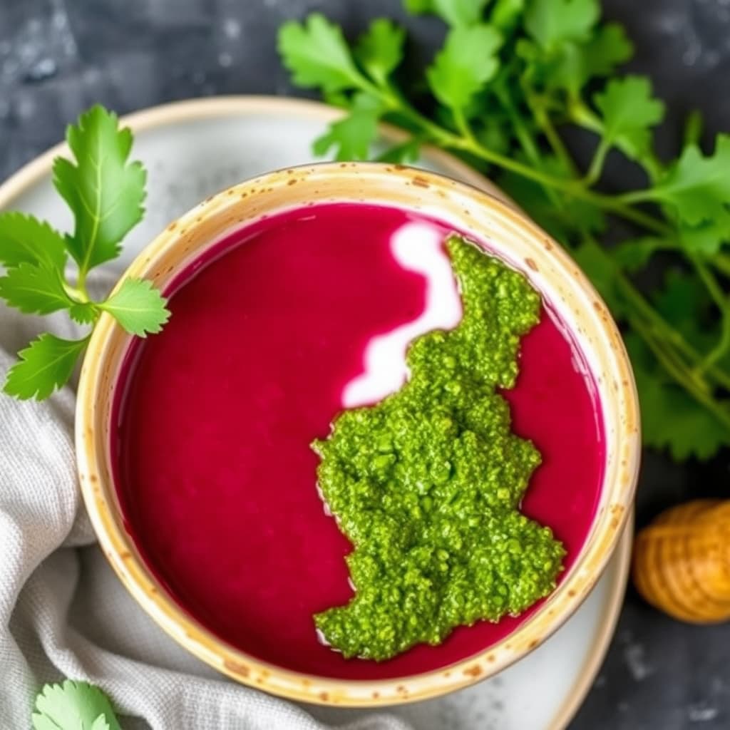 Bete- og koriandertoppet suppe