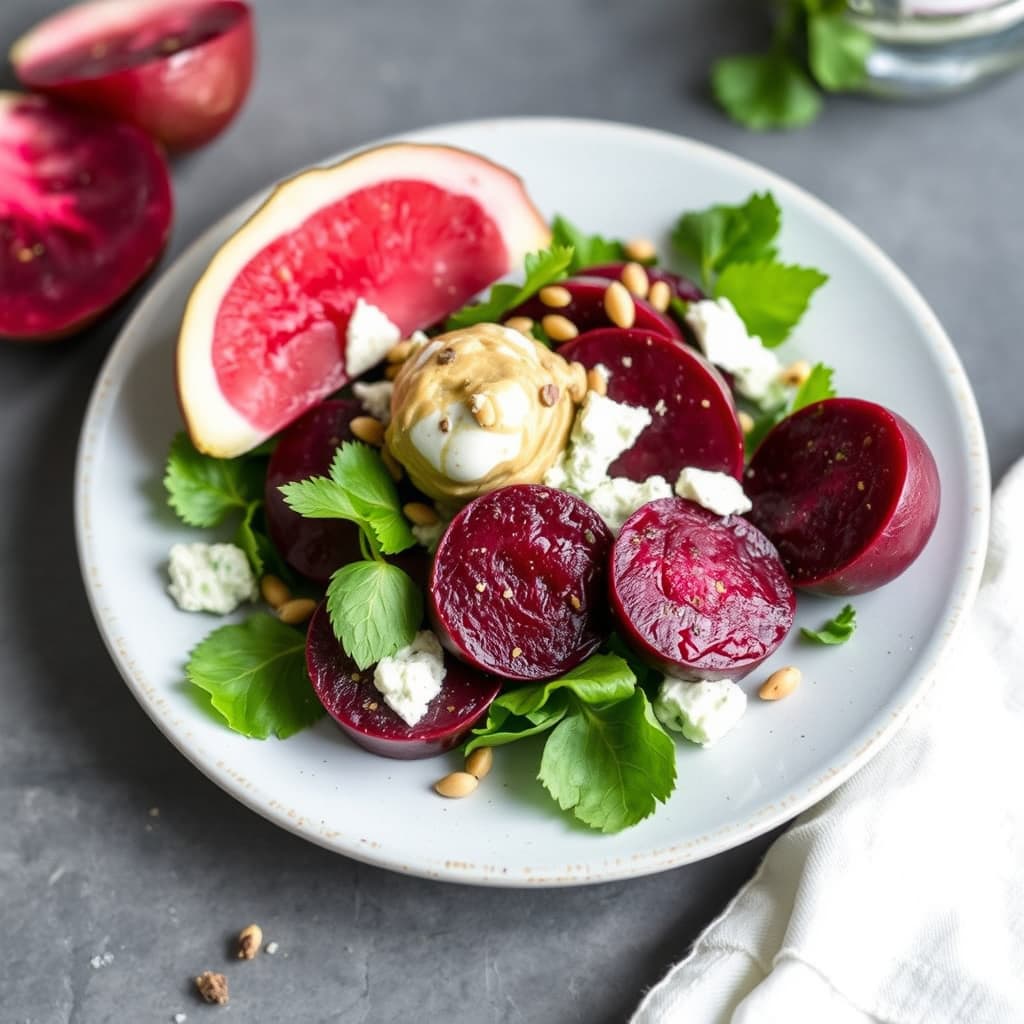 Bete- og mandelsalat med gorgonzola og bomboloni