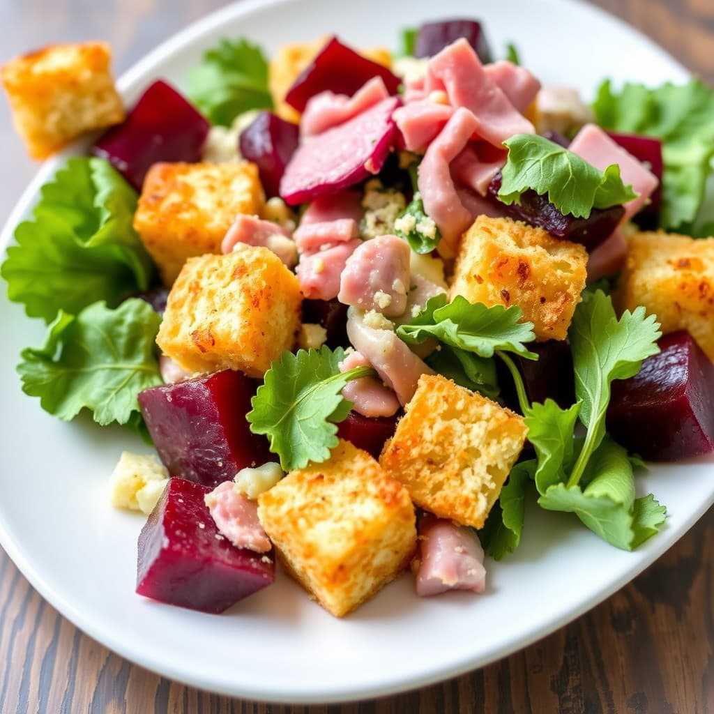 Betersalat med maisbrødkrutonger og landlig skinke