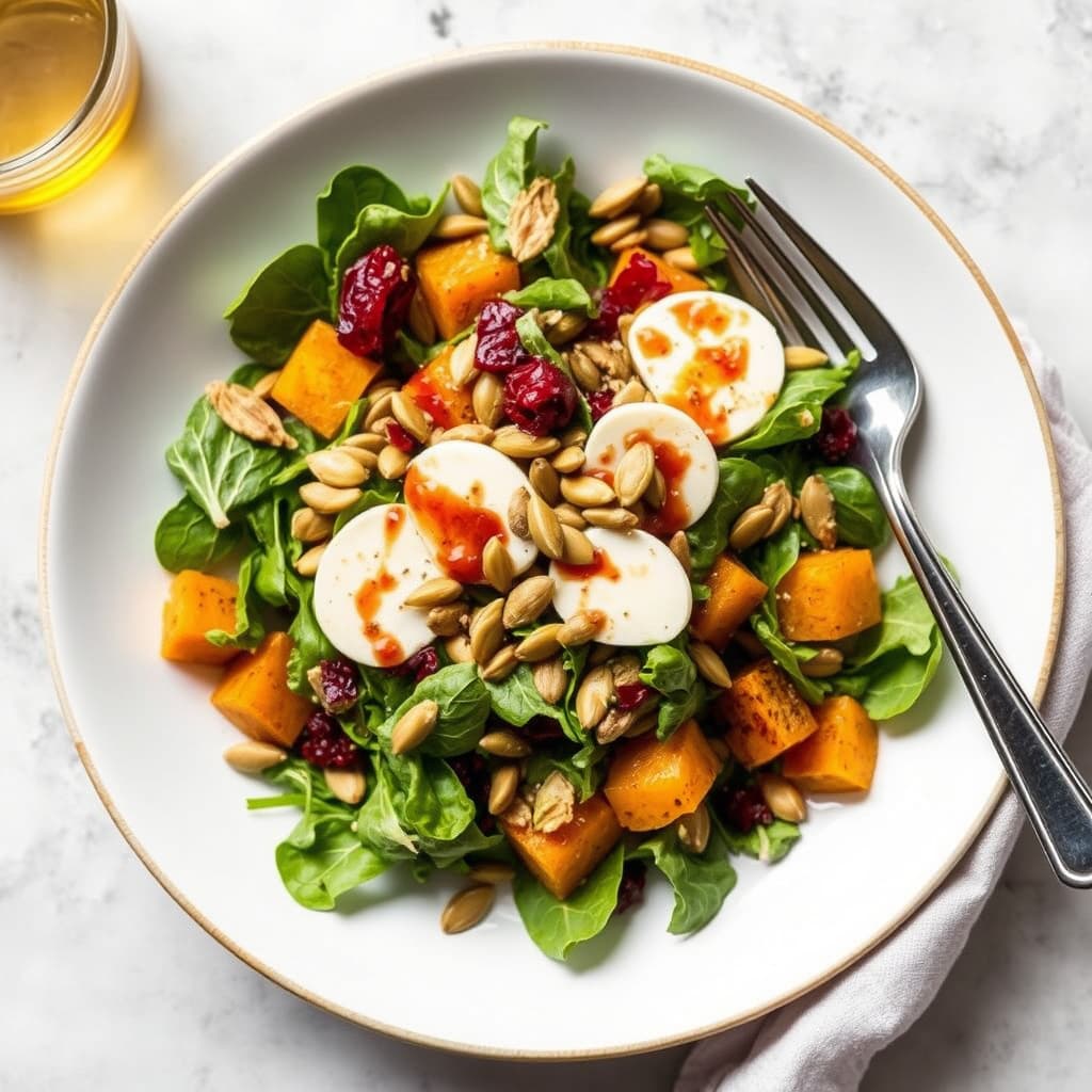 Bibb- og butternutsalat med gresskarkjerner, sprøtt kjøtt og tranebærvinaigrette