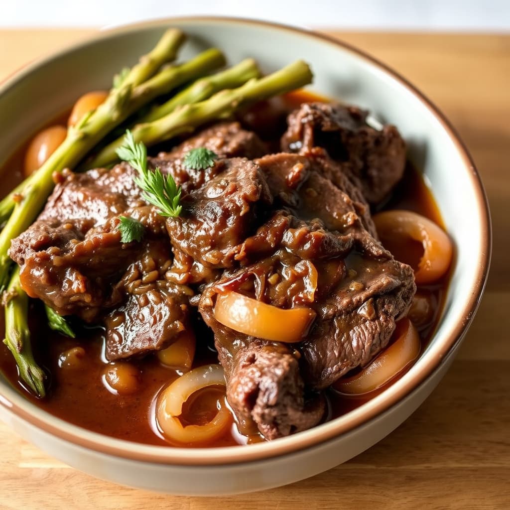 Biff av oksebog med vin og løk