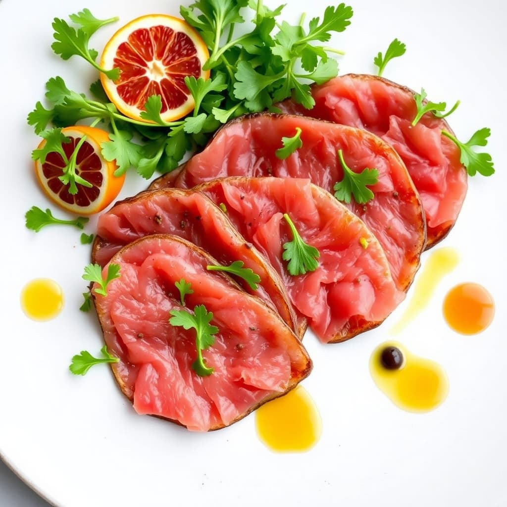 Biff carpaccio med prosciutto, vannkresse, geitost og blodappelsinolje