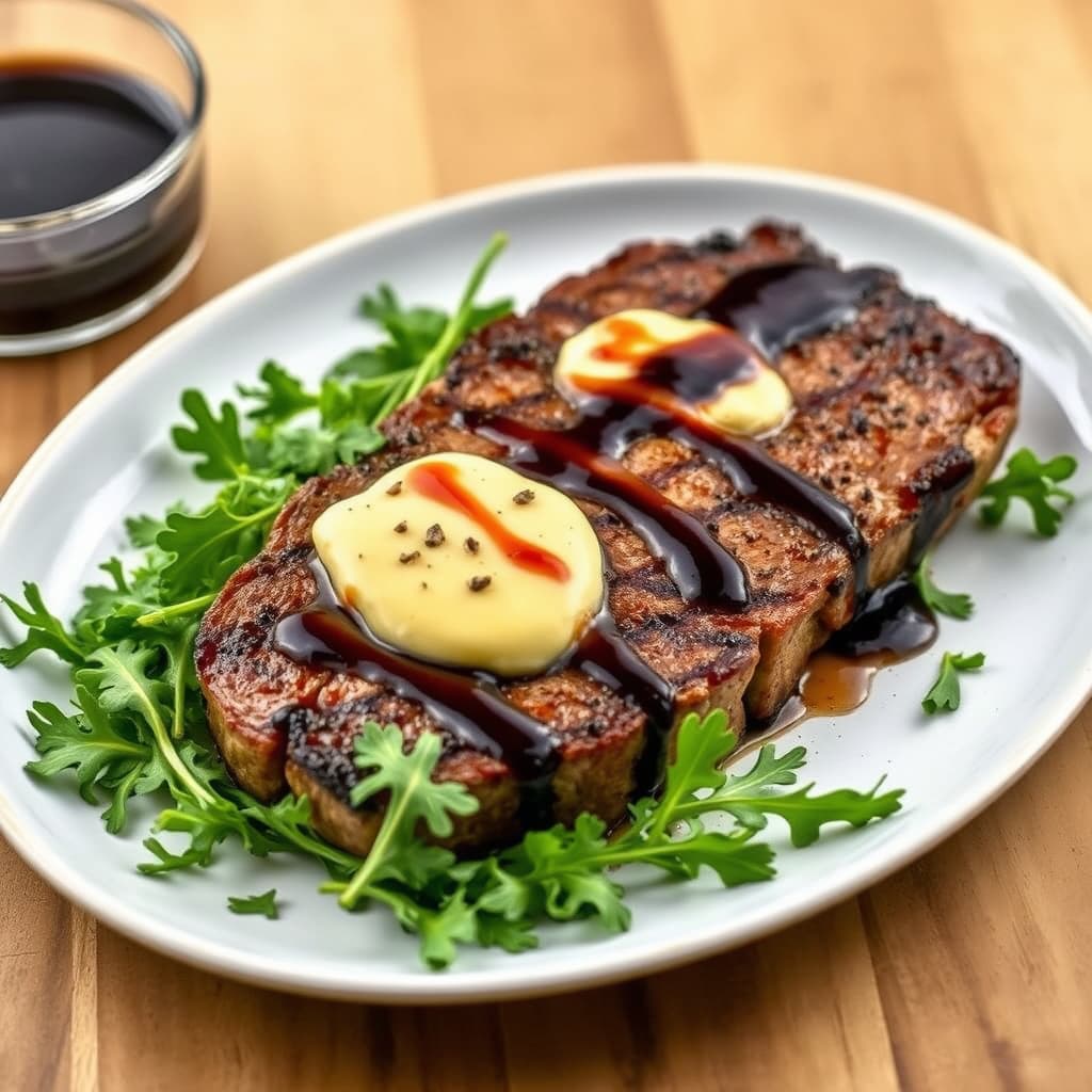 Biff med parmesan-smør, balsamico-glaze og ruccola