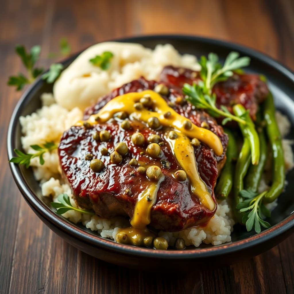 Biff med sennep og grønne pepperkorn