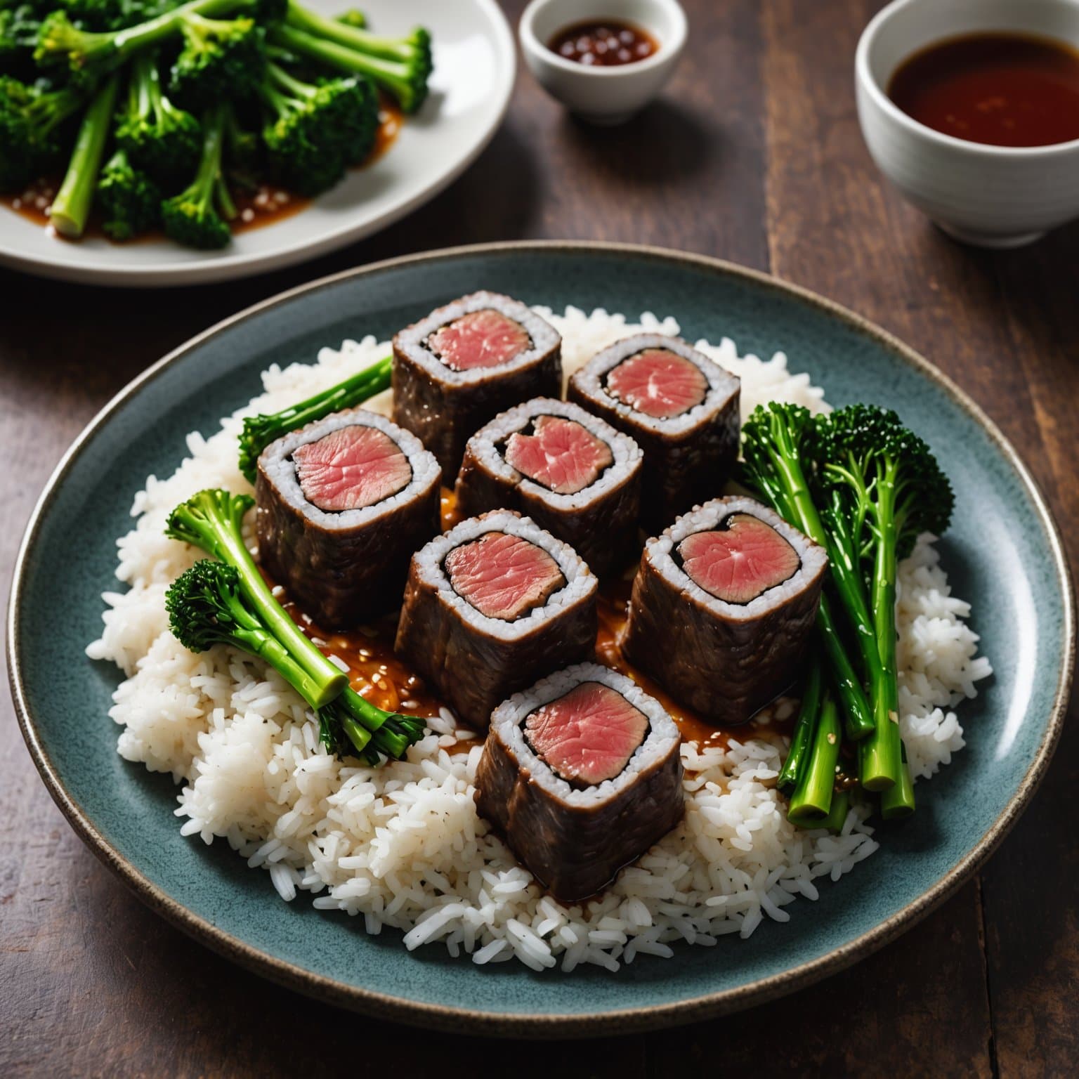 Biff Negimaki med broccolini og ris