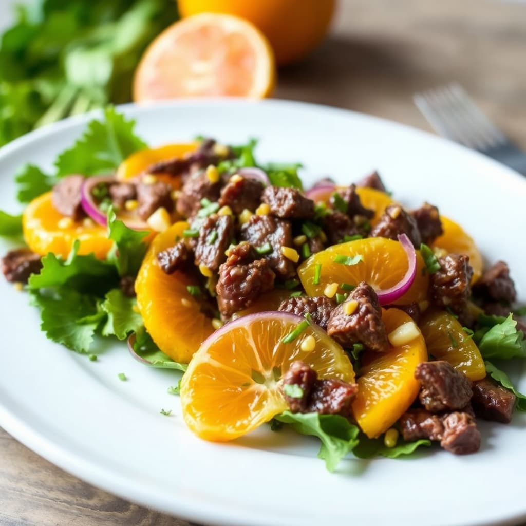 Biff- og appelsinsalat med rødløks- og sennepsvinaigrette