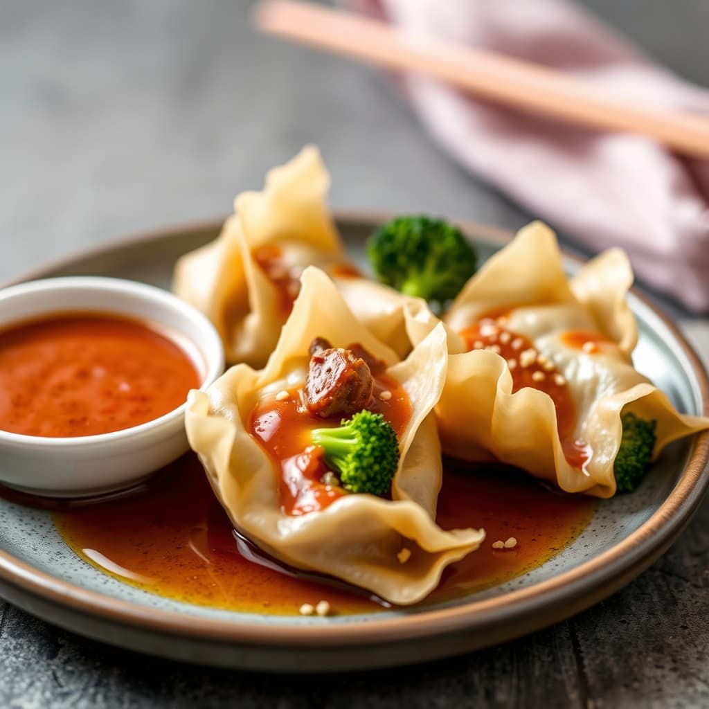 Biff- og brokkoliwontoner med ingefærsaus til dipping