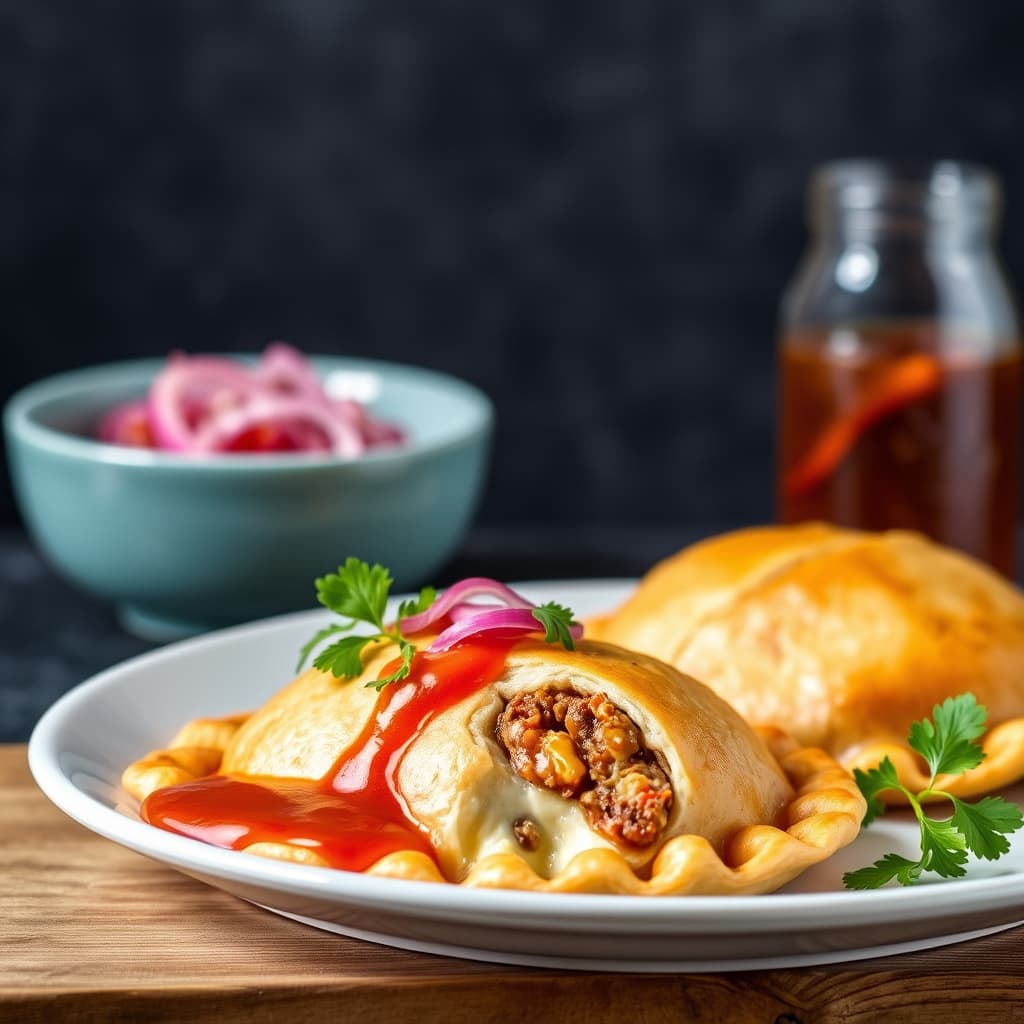 Biff- og geitostempanada med Piquillo-peppersaus og sylteagurkede rødløk