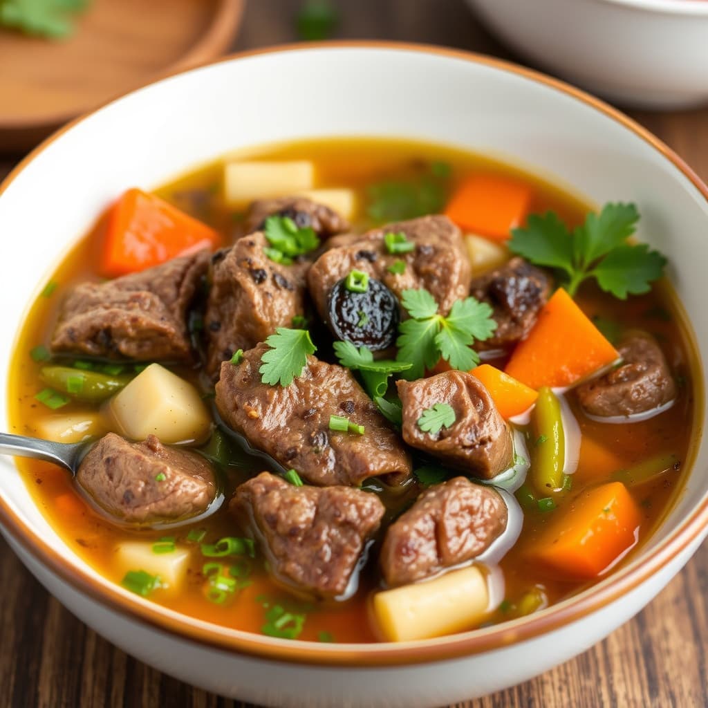 Biff- og grønnsakssuppe