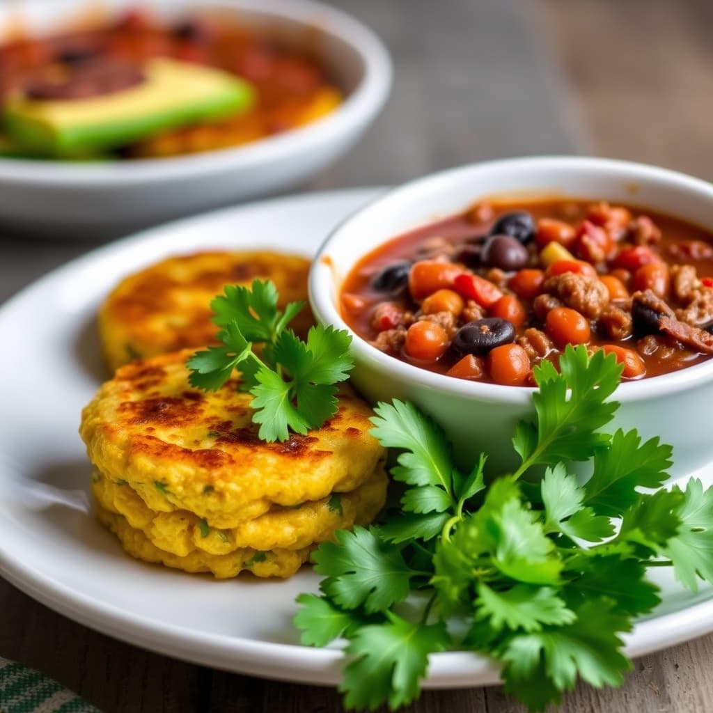 Biff- og svartbønne-chili med vårløk-mais-kaker