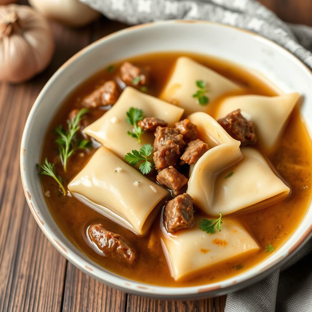 Biff-ravioli i en tre-løksbuljong