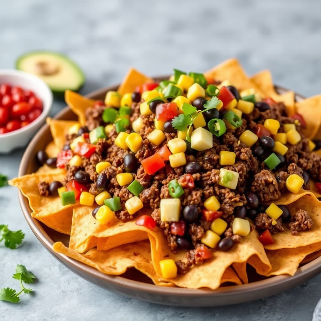 Biff, svarte bønner og mais-nachos