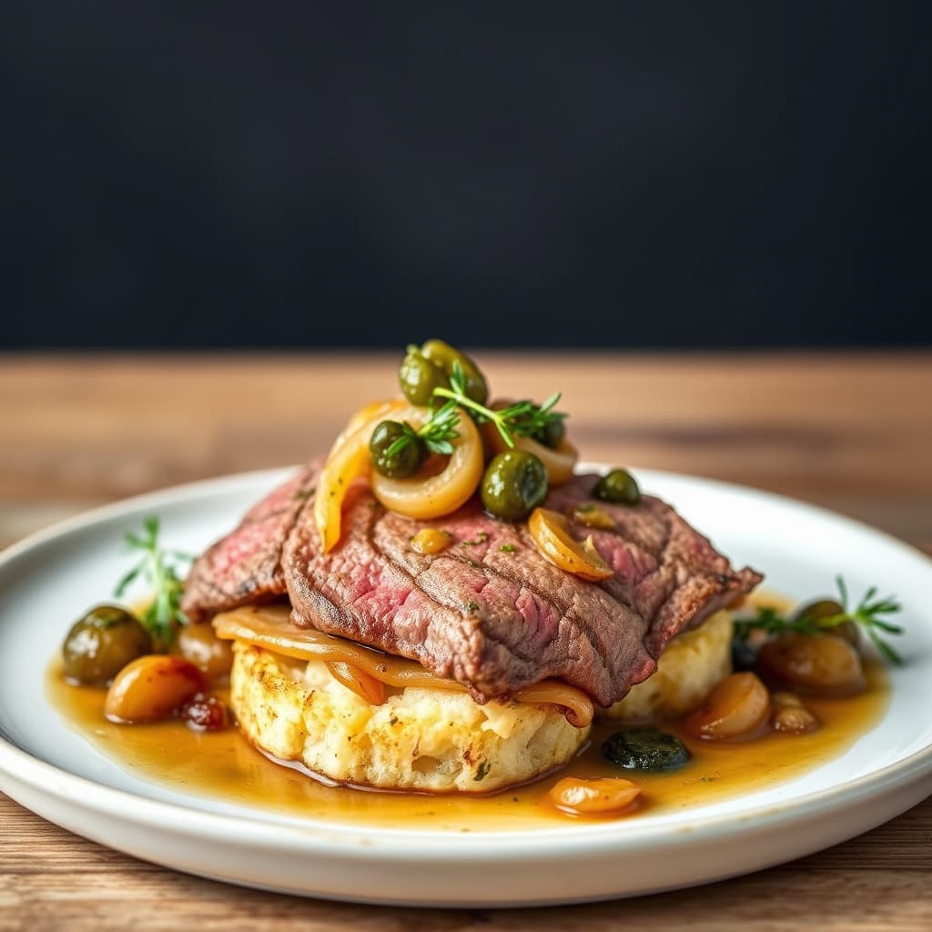 Bifffilet på hvitløkskrutonger med ovnsbakt løk, kapers og estragonsaus