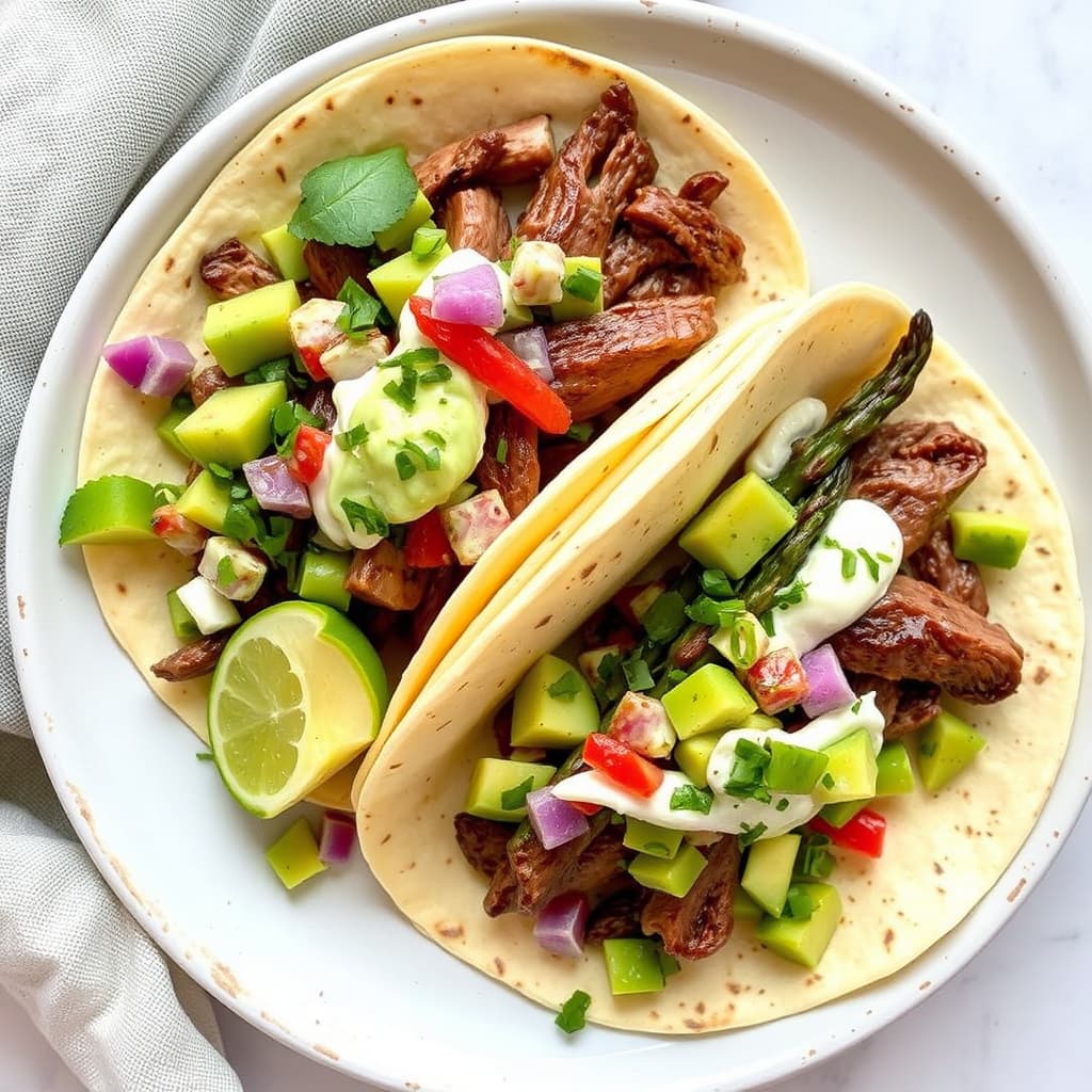 Biffmykse tacos med hvitløksavokadokrem og ovnsbakt aspargessalsa