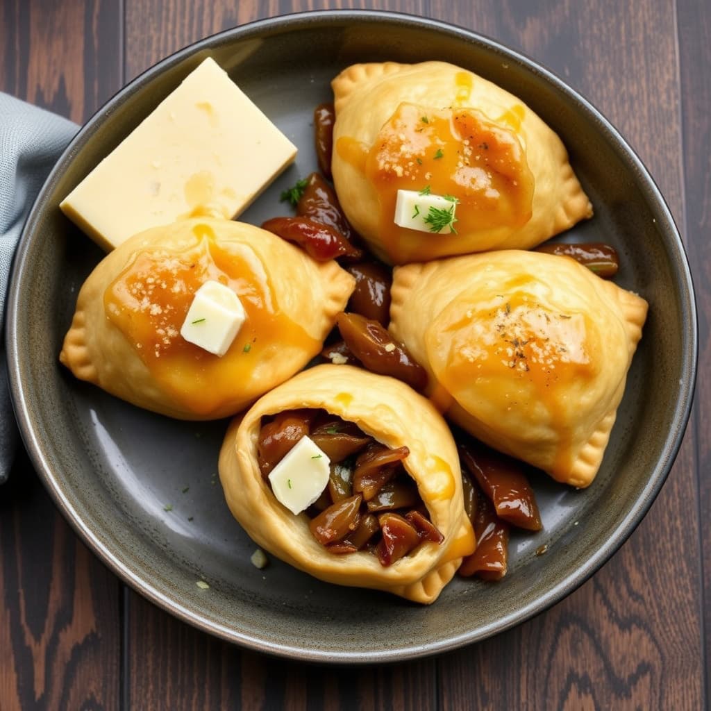 Biffpasties med karamellisert løk og Stilton-ost